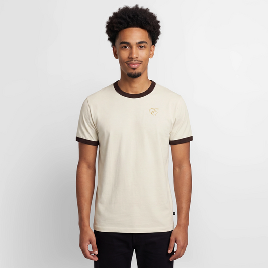 Slim Fit Männer Organic Contrast T-Shirt - Off-White/Dunkelbraun