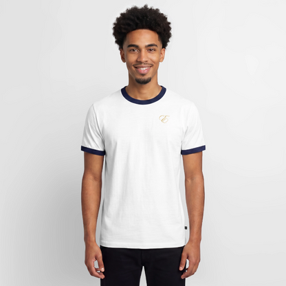 Slim Fit Männer Organic Contrast T-Shirt - Weiß/Navyblau