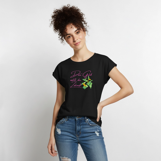 Frauen T-Shirt mit gerollten Ärmeln - Schwarz